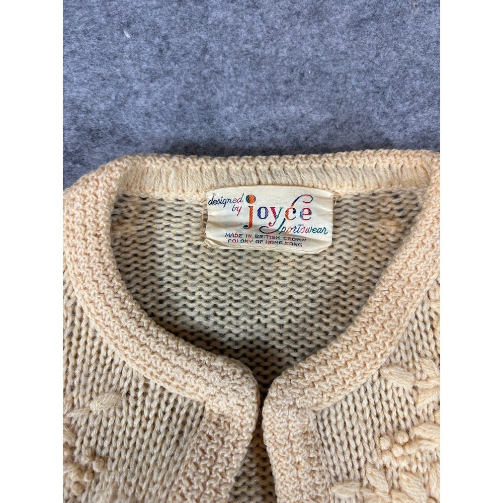 Vintage 60s Joyce Sportswear Knit Cardigan Womens Small Wool Beige Boho Floral